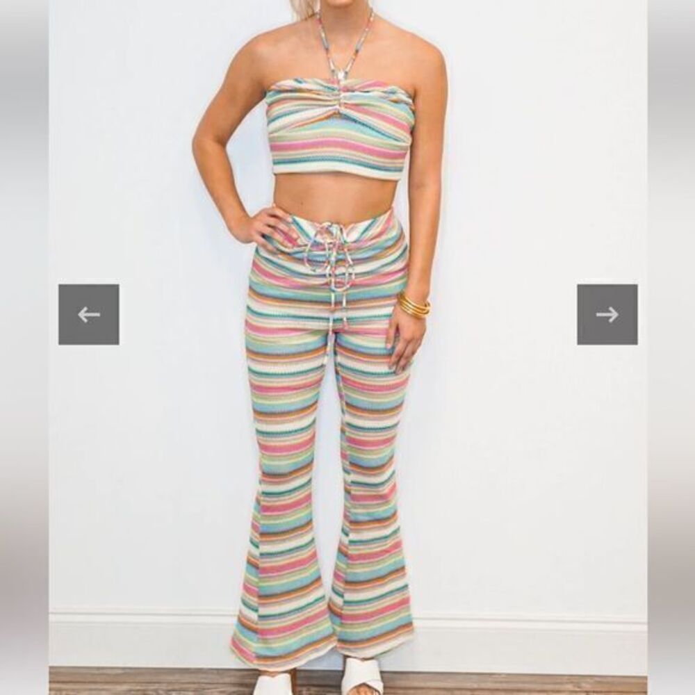 NWT Lena 2 Piece Knitted Striped Halter Top and Flared Pants Set Medium